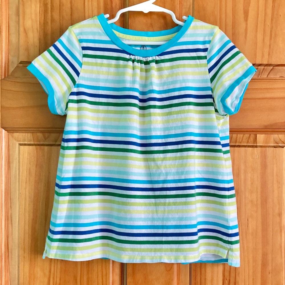 Girl’s size 7-8 Lands’ End blue, white, and green striped short sleeved top
